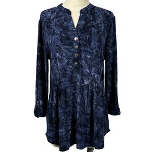 Westport Women's M Blue Abstract Textured Pintuck Tunic Blouse Henley 3/4 Sleeve
